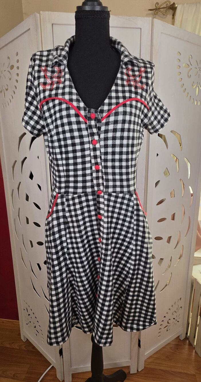 Sourpuss Dress Women's Plaid Retro Tattoo Black And White Short Size Large